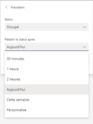 Paramétrage de la durée d'un statut dans Microsoft Teams