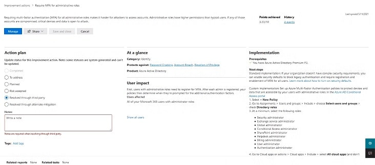 Procédure détaillée et impact pour chaque action dans Microsoft Secure Score