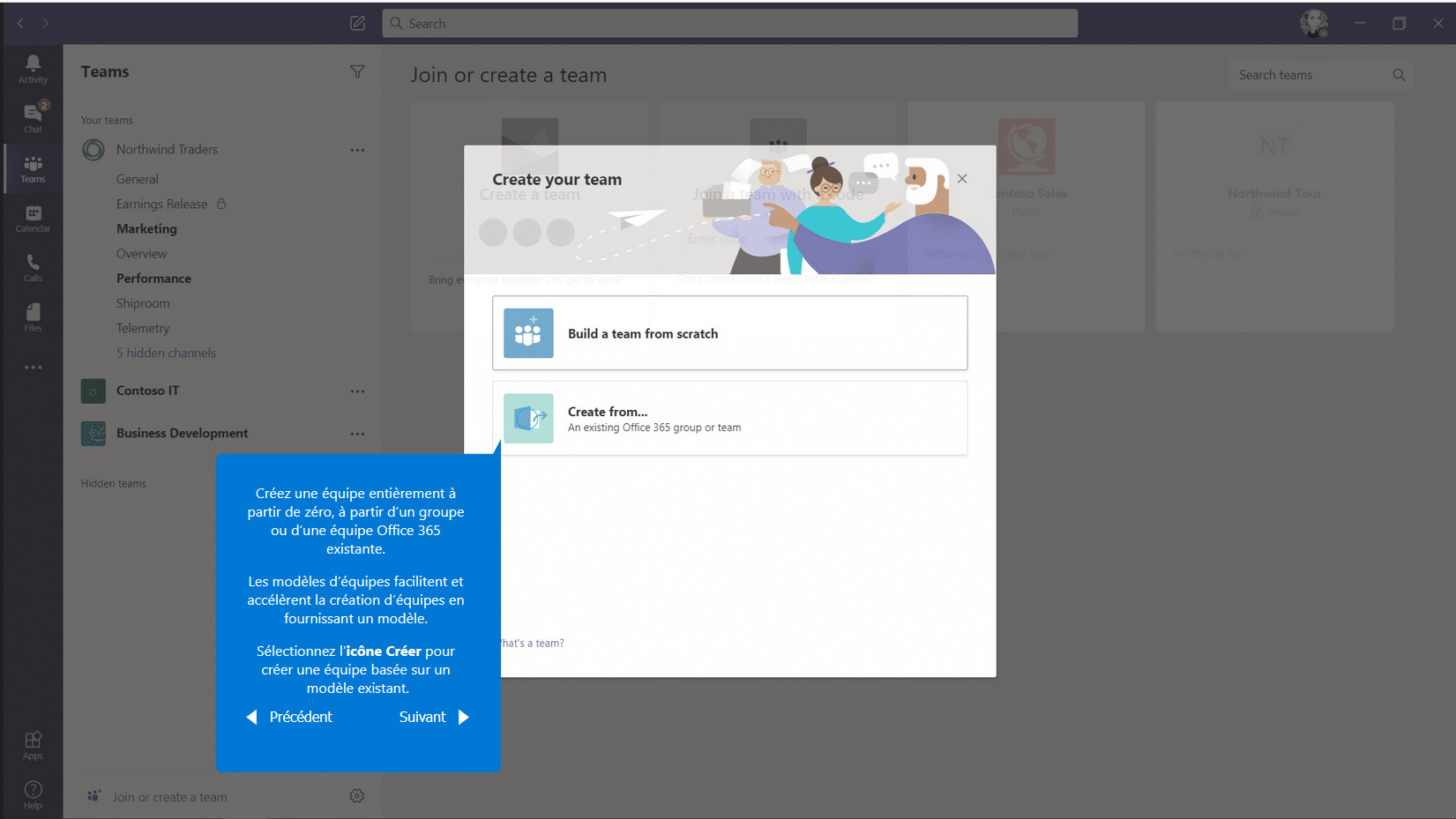 Capture d'écran de la démo en ligne de Microsoft Teams. Astuces pour créer des équipes, des conversations.