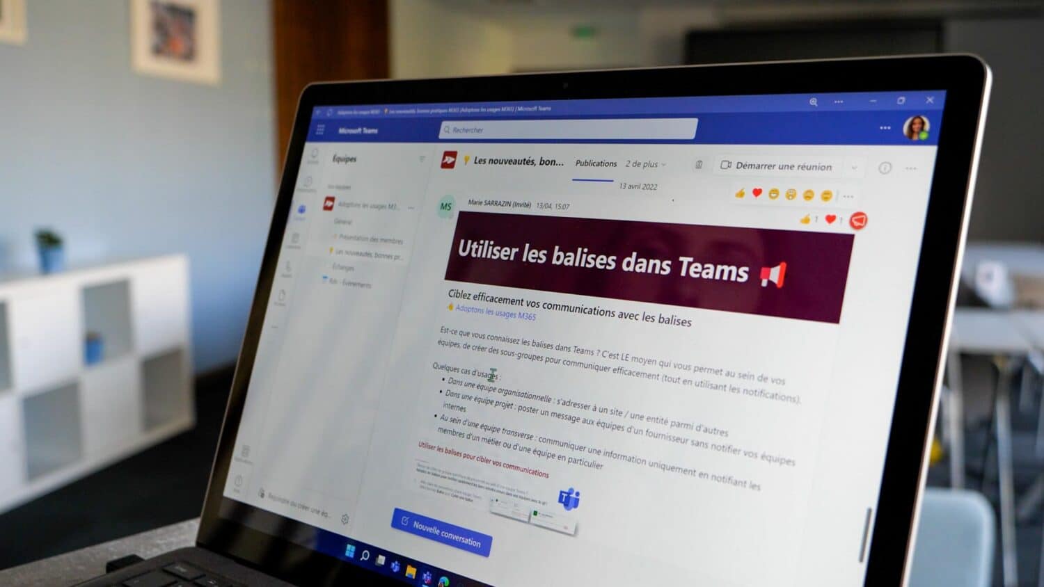 Photographie d'une fenêtre Teams de la communauté avec un tutoriel "Comment utiliser les balises dans Teams"